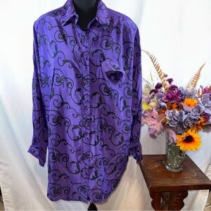 JP Collection Purple Black Swirl Button Down Blouse Lightweight Abstract Print